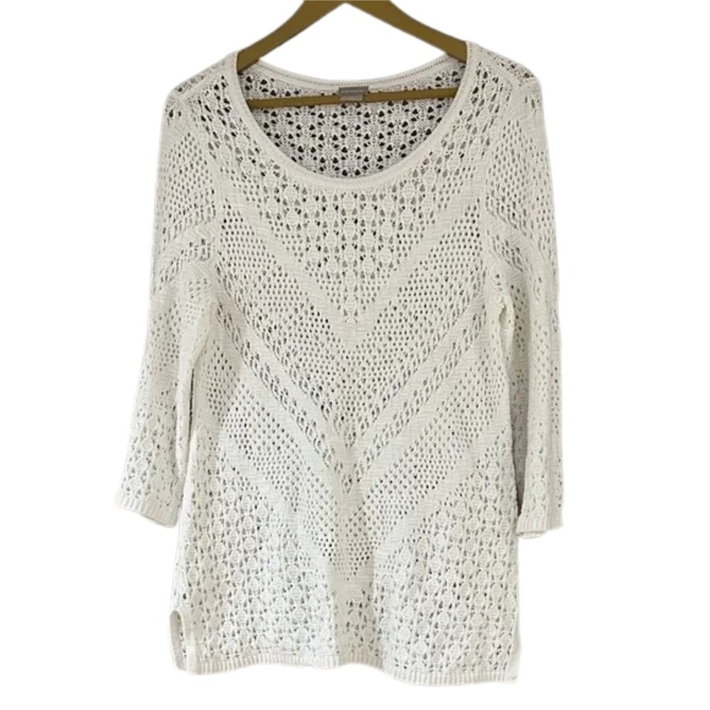 Chico’s Cream Crochet Top Open Knit Boho Lightweight Cover Up Summer Beach